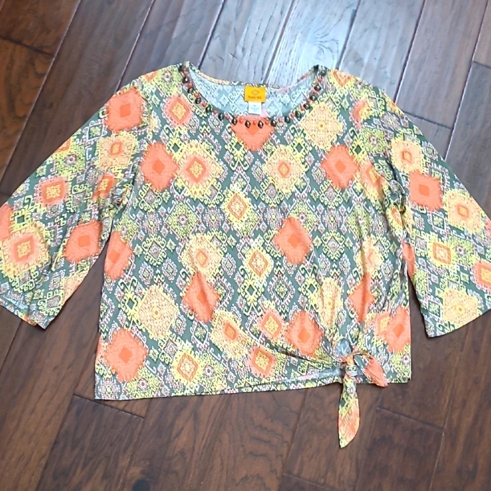 Ruby Rd Blouse with Big Sleeves, Colorful Design & Side Tie size XL